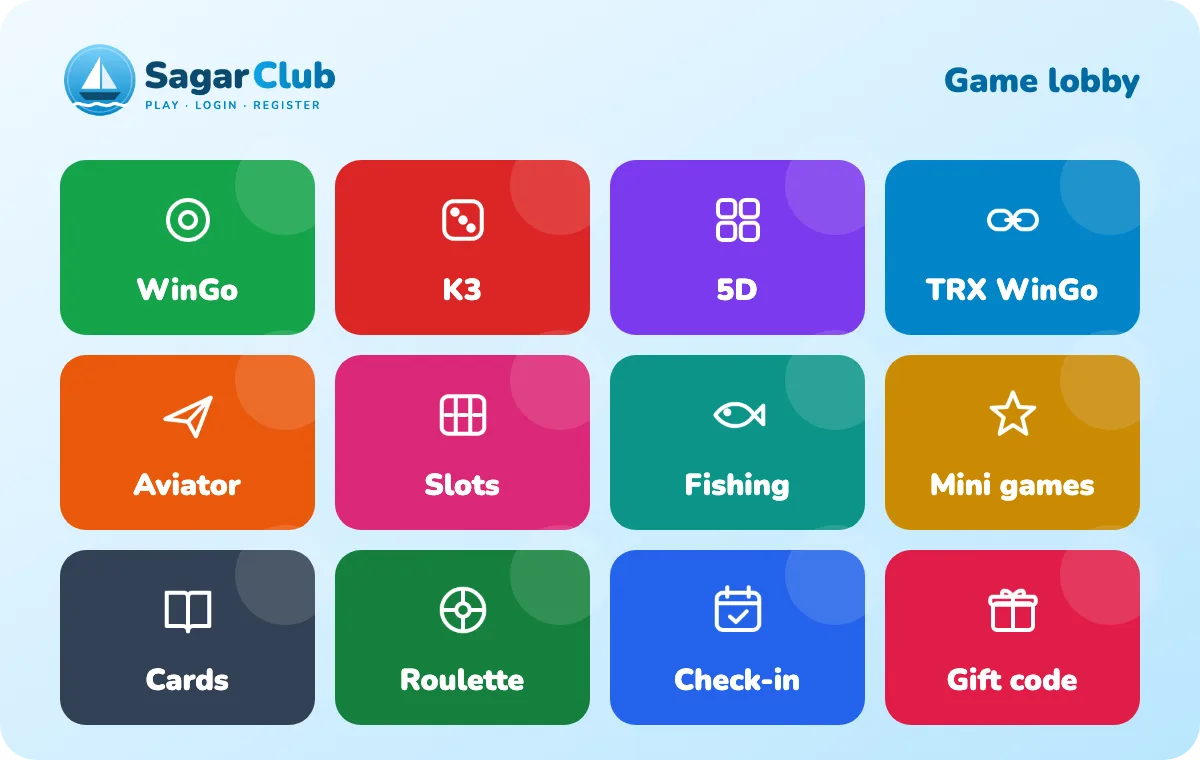 Sagar Club game lobby: WinGo, K3, 5D, TRX WinGo, Aviator, Slots, Fishing, Mini games, Cards, Roulette
