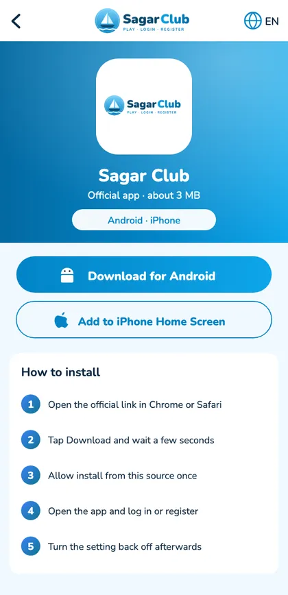 Sagar Club app download screen for Android and iPhone