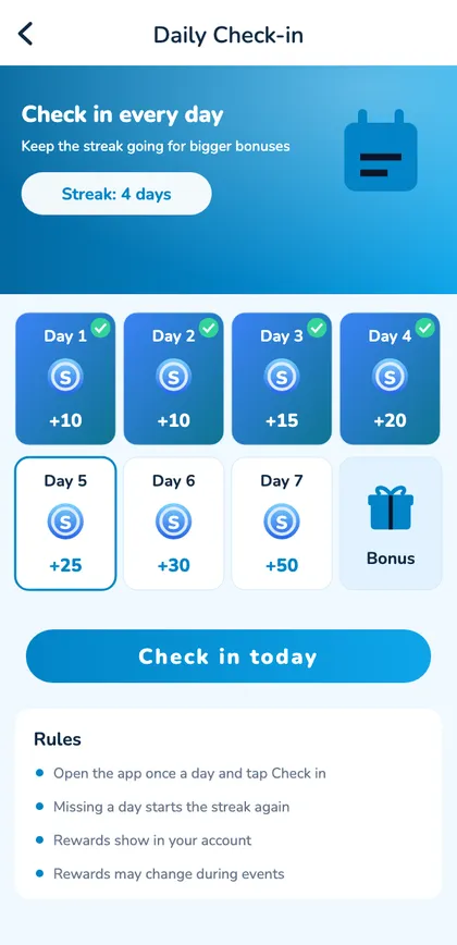 Sagar Club daily check-in seven-day streak