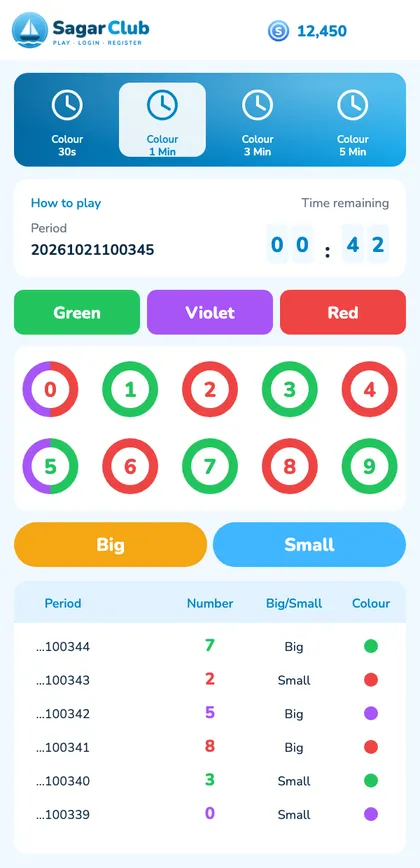 Sagar Club WinGo colour prediction screen with timer, colours, numbers and history