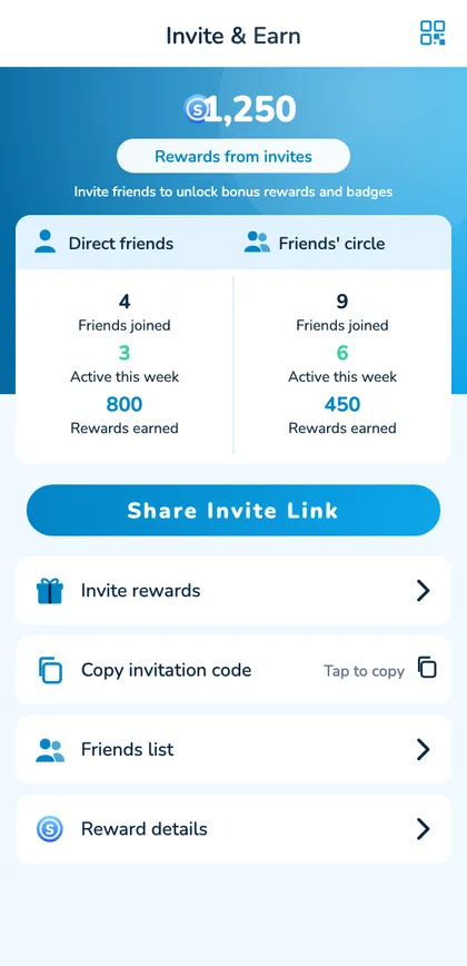 Sagar Club invite page with share invite link and copy invitation code