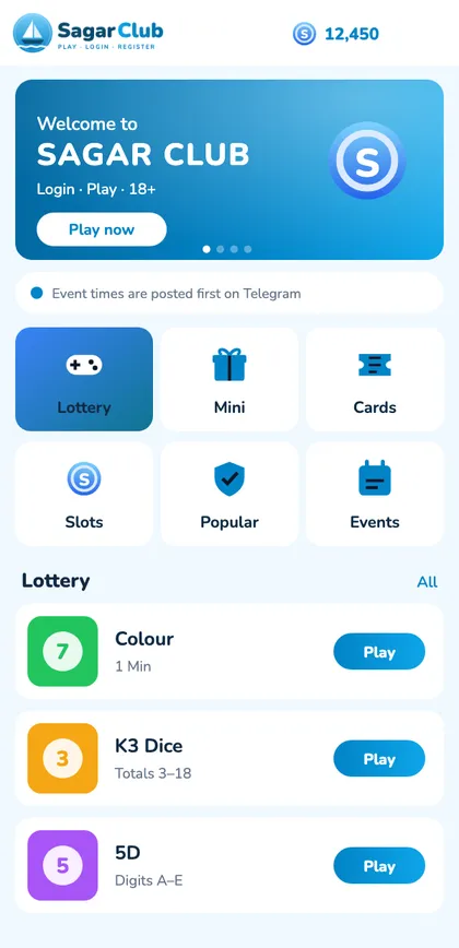 Sagar Club lobby screen with Lottery, Mini, Cards, Slots, Popular and Events tabs
