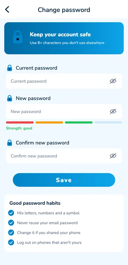 Sagar Club change password screen