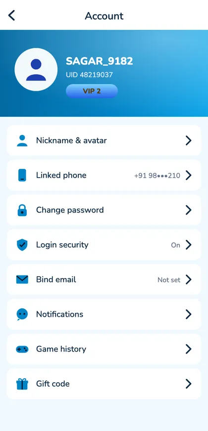 Sagar Club account page with UID, linked phone, change password and login security