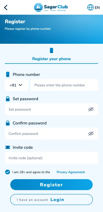 Sagar Club register screen with phone number, set password, confirm password and invite code