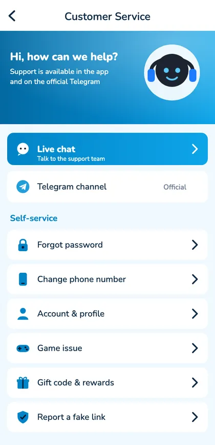 Sagar Club customer service page with live chat and self-service options